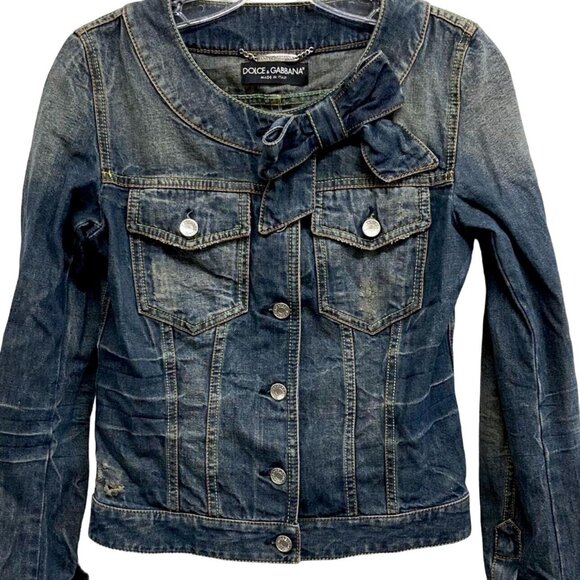 Dolce & Gabbana Vintage Denim Destroyed Bow Cropped Jean Jacket IT 38 / US 2 XS - Picture 1 of 14